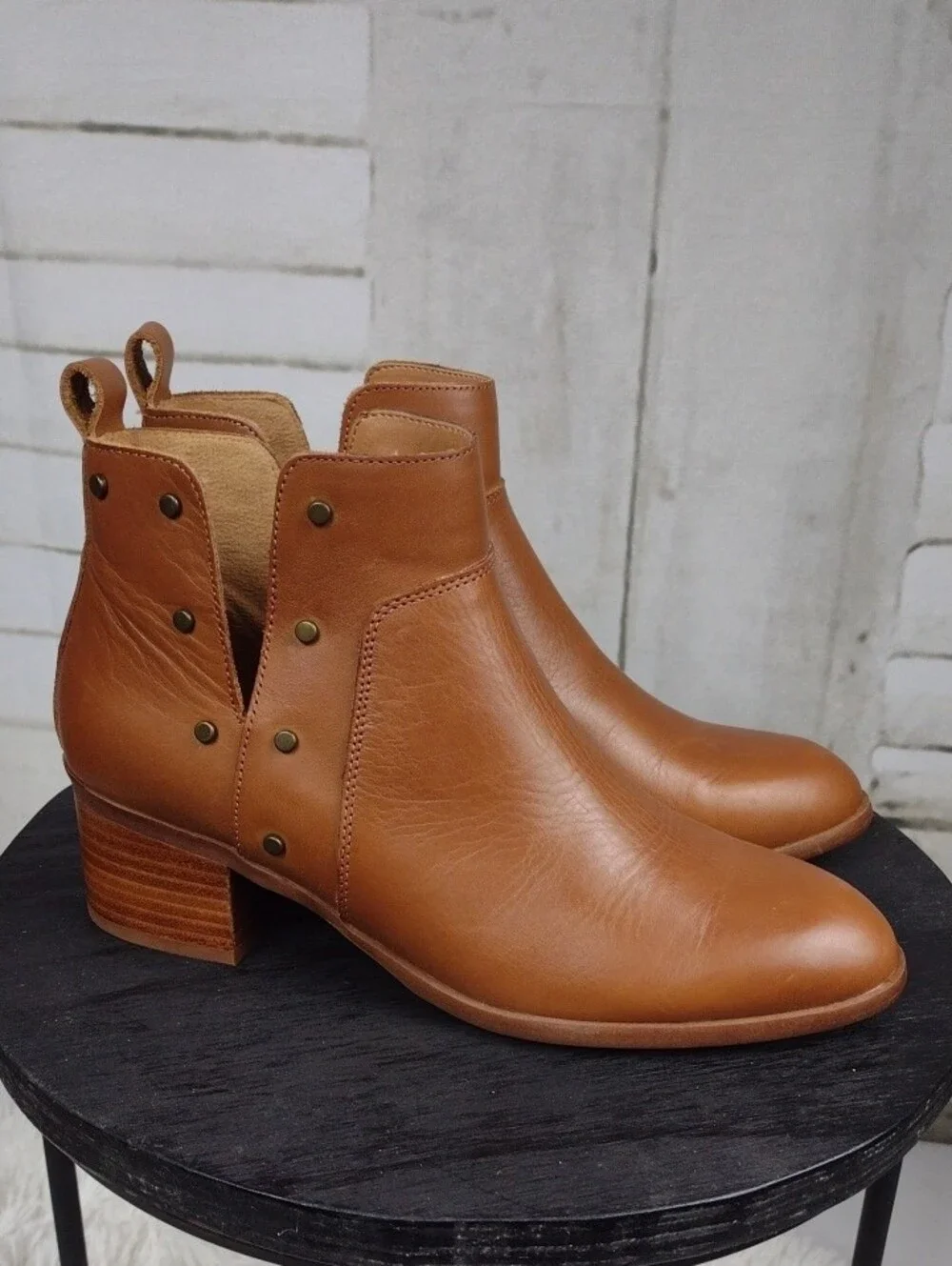Franco Sarto Cognac Leather Ankle Booties with Stud Accents Size 6.5
